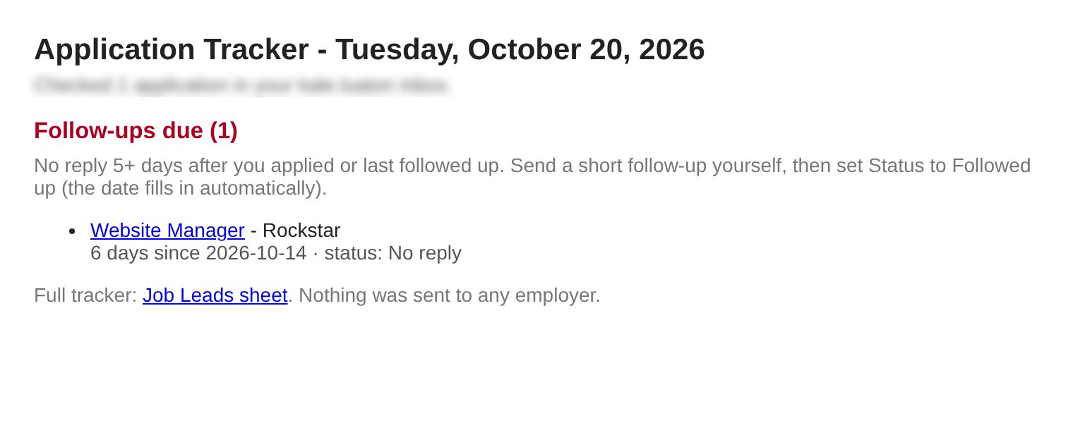 Reminder email from the n8n reply tracker showing one follow-up due after six days with no reply