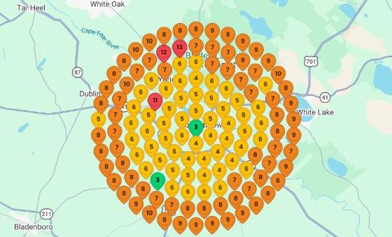 Local Dominator Google Maps rank grid for crawlspace repair, before, May 4, 2026