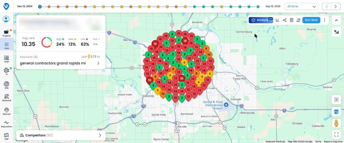 Local Dominator Google Maps rank grid for general contractors grand rapids mi, before, December 13, 2024