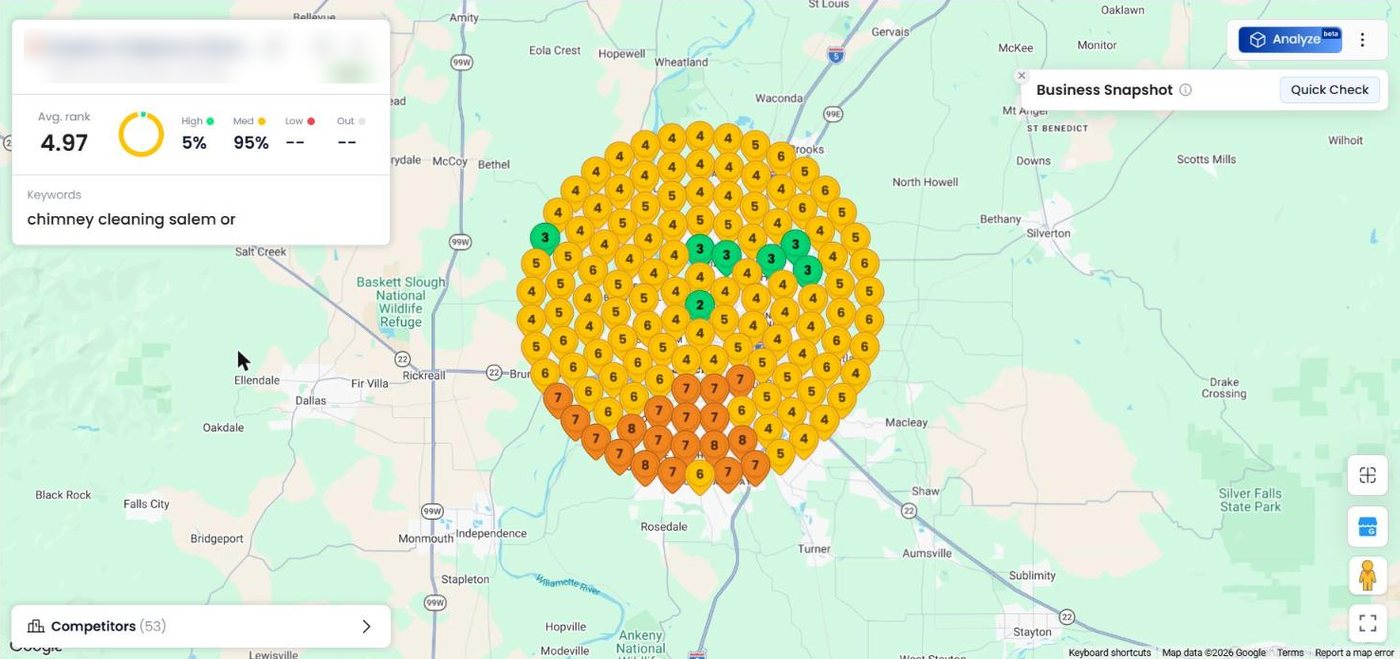 Local Dominator Google Maps rank grid for chimney cleaning salem or, before, July 27, 2026