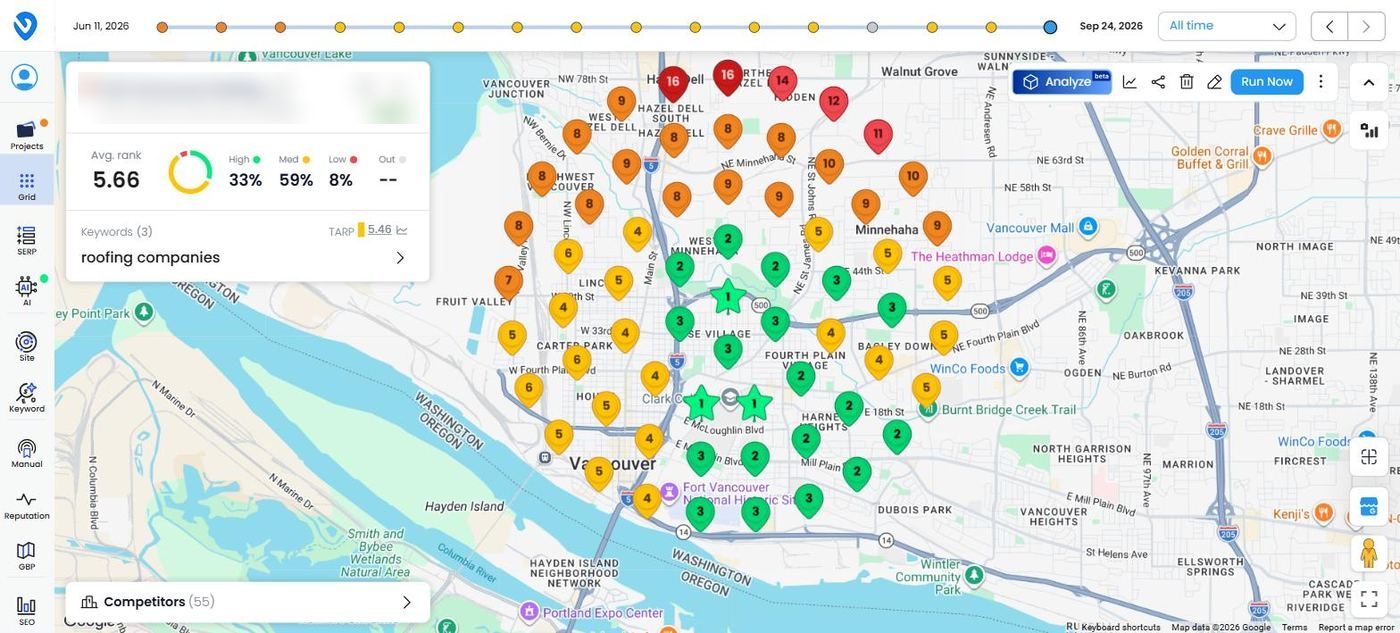 Local Dominator Google Maps rank grid for roofing companies, after, September 24, 2026