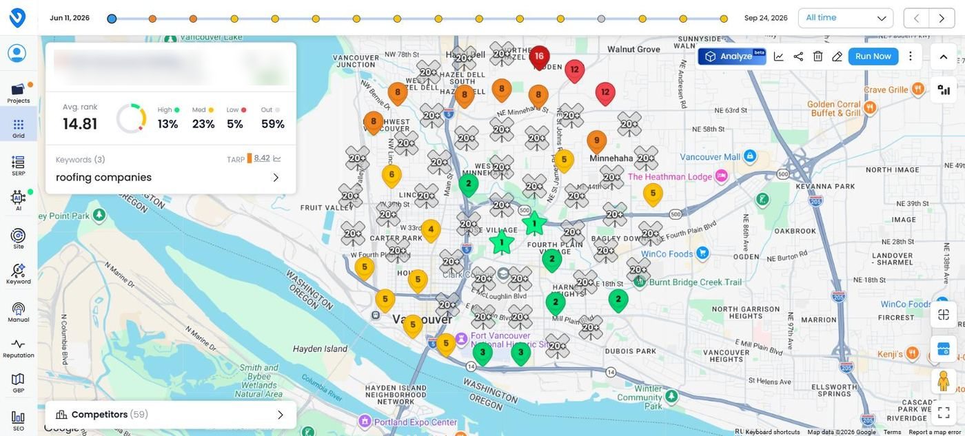 Local Dominator Google Maps rank grid for roofing companies, before, June 11, 2026