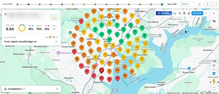 Local Dominator Google Maps rank grid for hvac repair woodbridge va, after, September 1, 2026