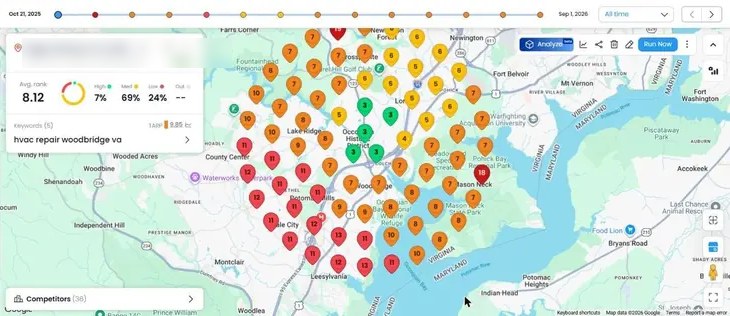Local Dominator Google Maps rank grid for hvac repair woodbridge va, before, October 21, 2025