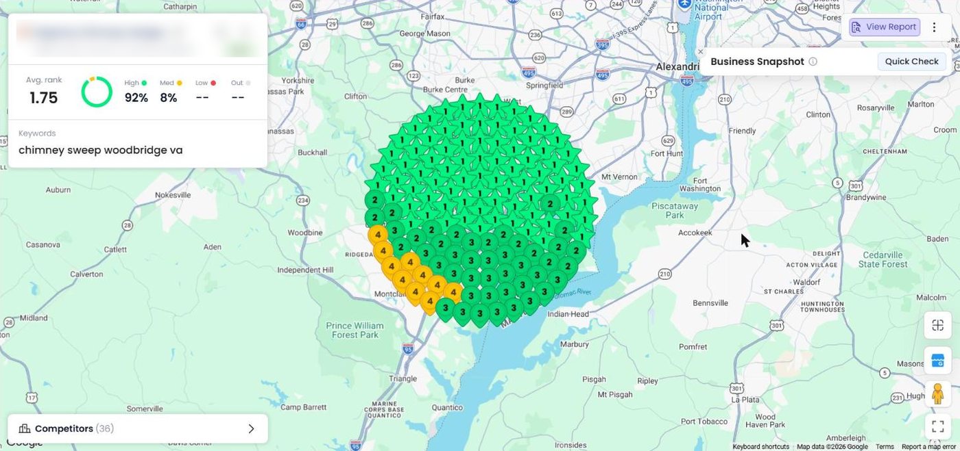 Local Dominator Google Maps rank grid for chimney sweep woodbridge va, first scan, October 8, 2026